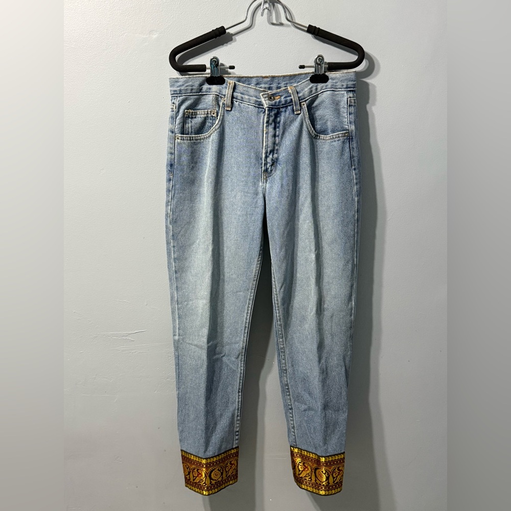 Vintage Agolde Sari Cropped Jeans Gold Boho Embroidered Cuff Light Wash 27